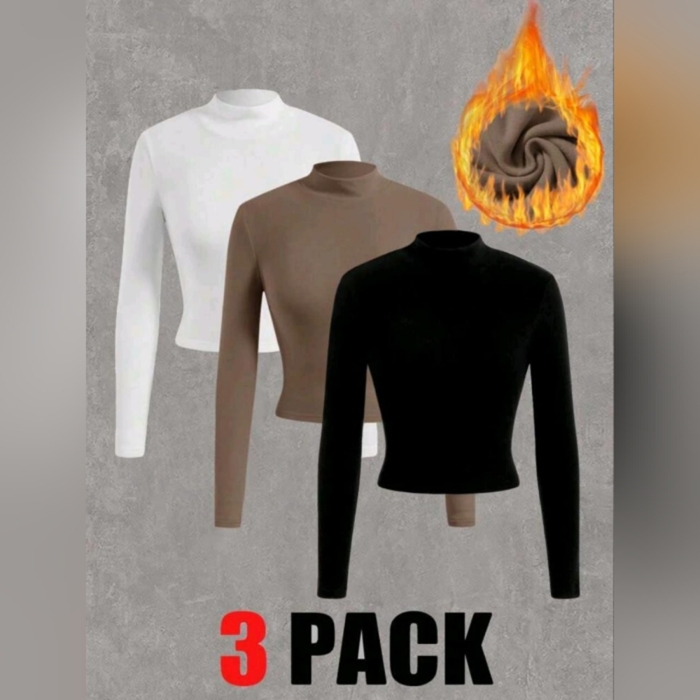 3 Pack Long Sleeve Turtleneck Tops - White, Brown, Black